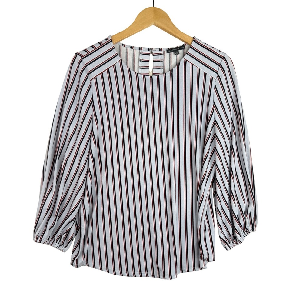 Adrianna Papell Striped Long Sleeve Blouse size Large Pale Blue/Red/Black